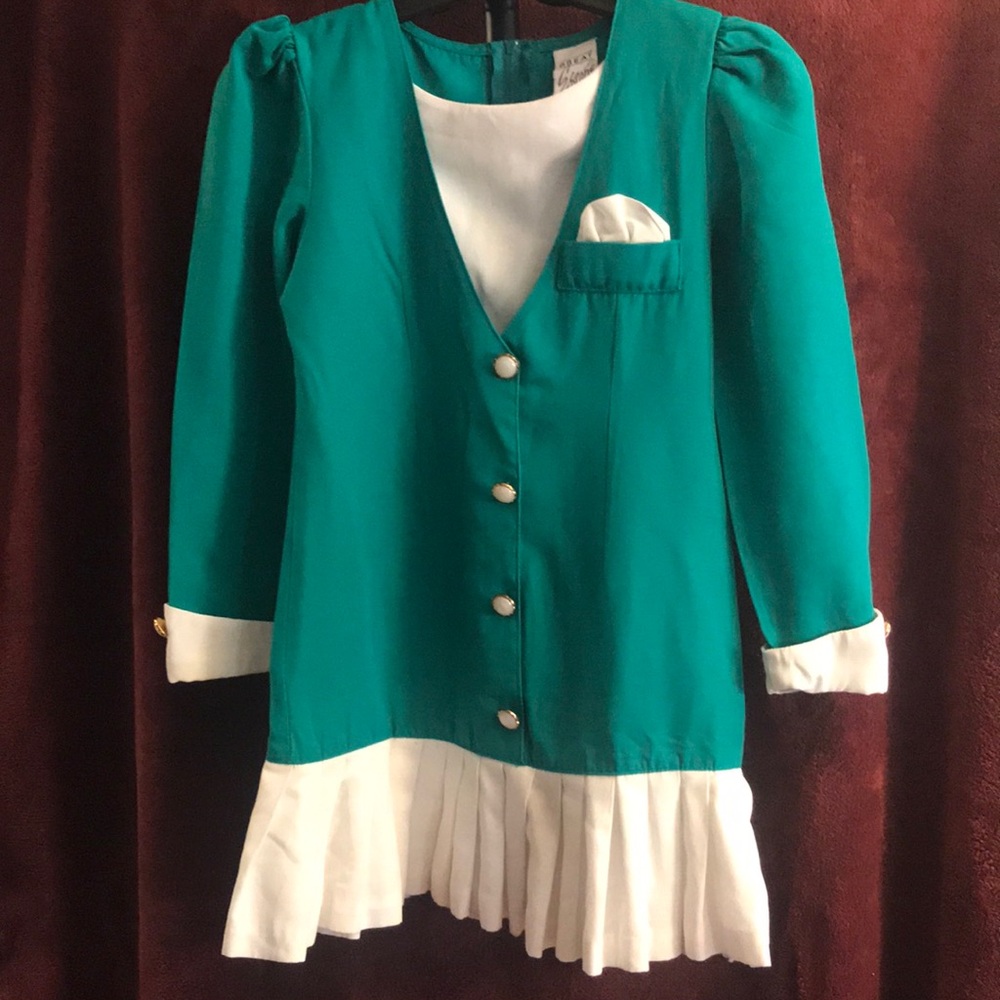 Girls, size 7, Jade/Cream dress with gold trimmed buttons, long sleeve